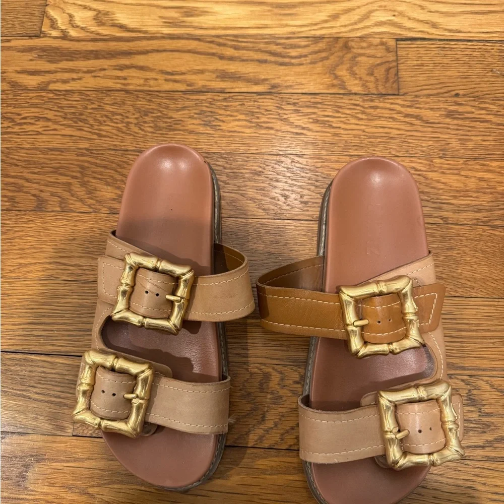 Schutz Enola sporty leather sandal- Brown Slide Sandals with Gold Buckles - Picture 2 of 7
